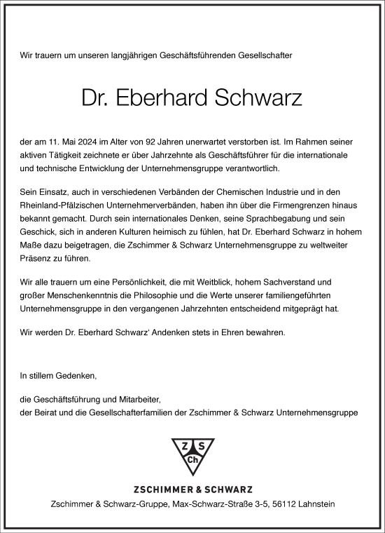 Traueranzeige von Eberhard Schwarz von Frankfurter Allgemeine Zeitung