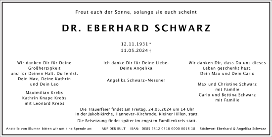 Traueranzeige von Eberhard Schwarz von Frankfurter Allgemeine Zeitung
