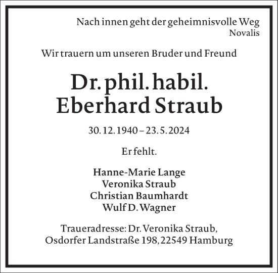 Traueranzeige von Eberhard Straub von Frankfurter Allgemeine Zeitung