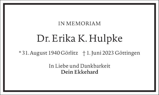 Traueranzeige von Erika K. Hulpke von Frankfurter Allgemeine Zeitung