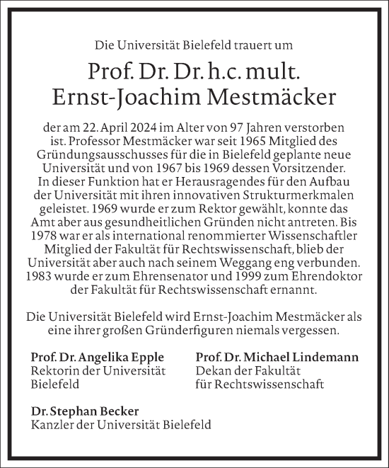 Traueranzeige von Ernst-Joachim Mestmäcker von Frankfurter Allgemeine Zeitung