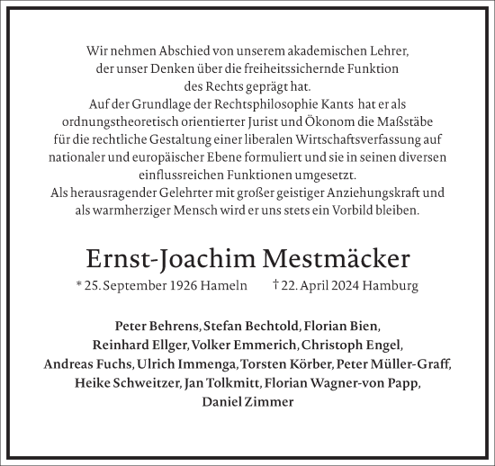 Traueranzeige von Ernst-Joachim Mestmäcker von Frankfurter Allgemeine Zeitung