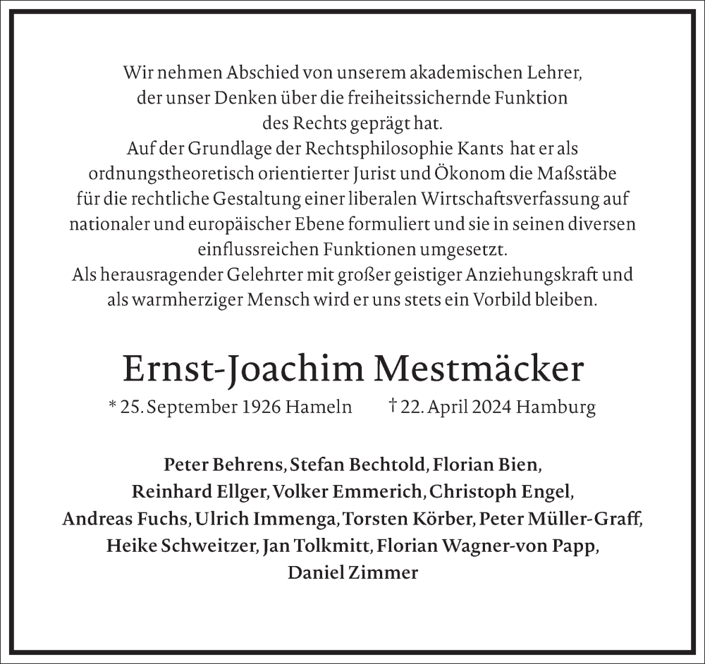  Traueranzeige für Ernst-Joachim Mestmäcker vom 04.05.2024 aus Frankfurter Allgemeine Zeitung