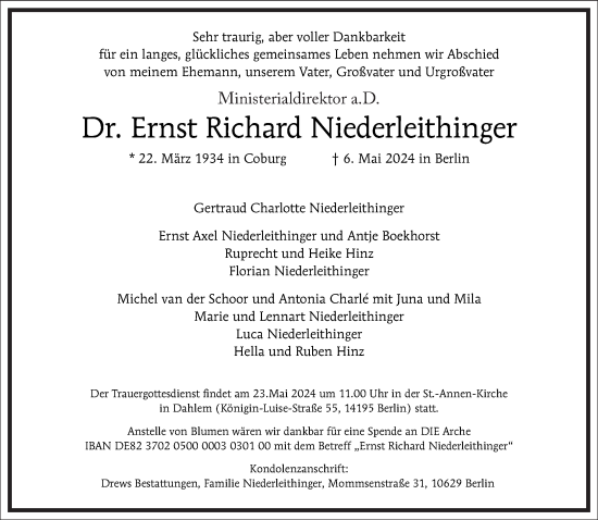Traueranzeige von Ernst Richard Niederleithinger von Frankfurter Allgemeine Zeitung