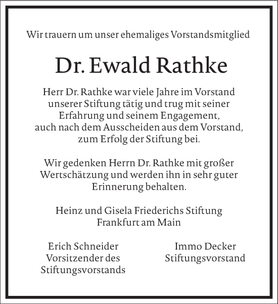 Traueranzeige von Ewald Rathke von Frankfurter Allgemeine Zeitung