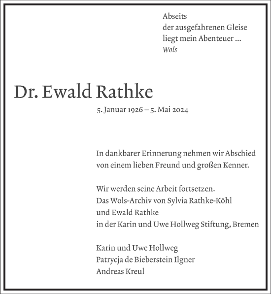 Traueranzeige von Ewald Rathke von Frankfurter Allgemeine Zeitung