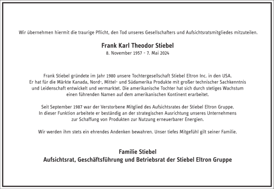 Traueranzeige von Frank Karl Theodor Stiebel von Frankfurter Allgemeine Zeitung