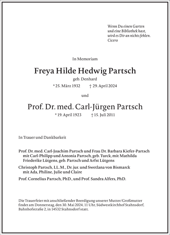 Traueranzeige von Freya Hilde Hedwig Partsch von Frankfurter Allgemeine Zeitung