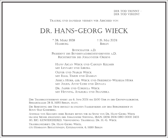 Traueranzeige von Hans-Georg Wieck von Frankfurter Allgemeine Zeitung