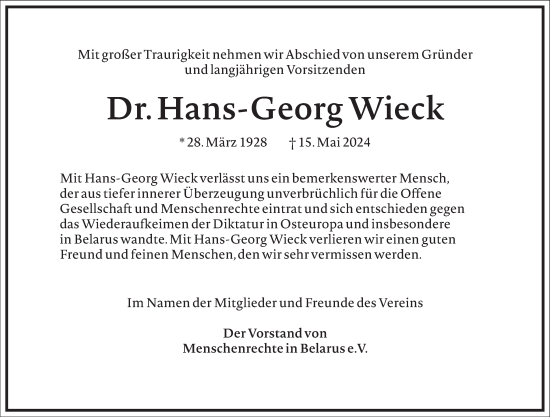 Traueranzeige von Hans-Georg Wieck von Frankfurter Allgemeine Zeitung