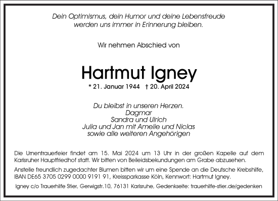 Traueranzeige von Hartmut Igney von Frankfurter Allgemeine Zeitung