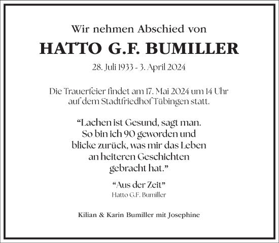 Traueranzeige von Hatto Bumiller von Frankfurter Allgemeine Zeitung