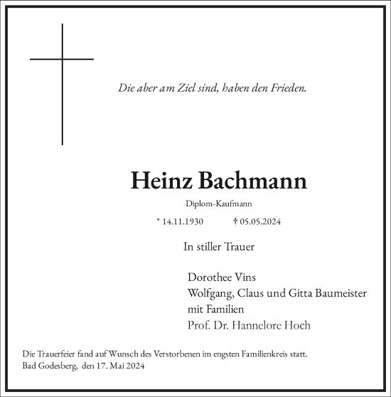 Traueranzeige von Heinz Bachmann von Frankfurter Allgemeine Zeitung