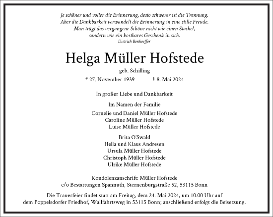 Traueranzeige von Helga Müller Hofstede von Frankfurter Allgemeine Zeitung