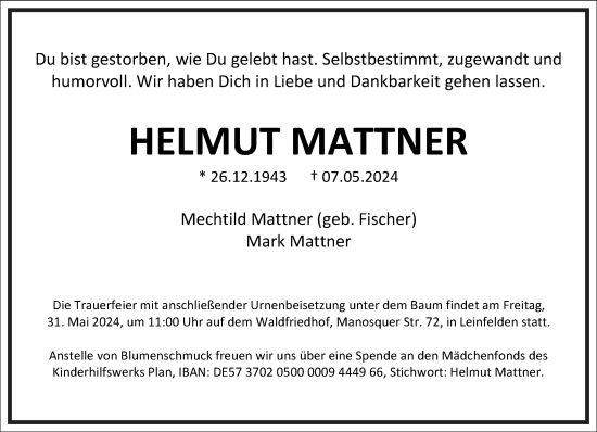 Traueranzeige von Helmut Mattner von Frankfurter Allgemeine Zeitung