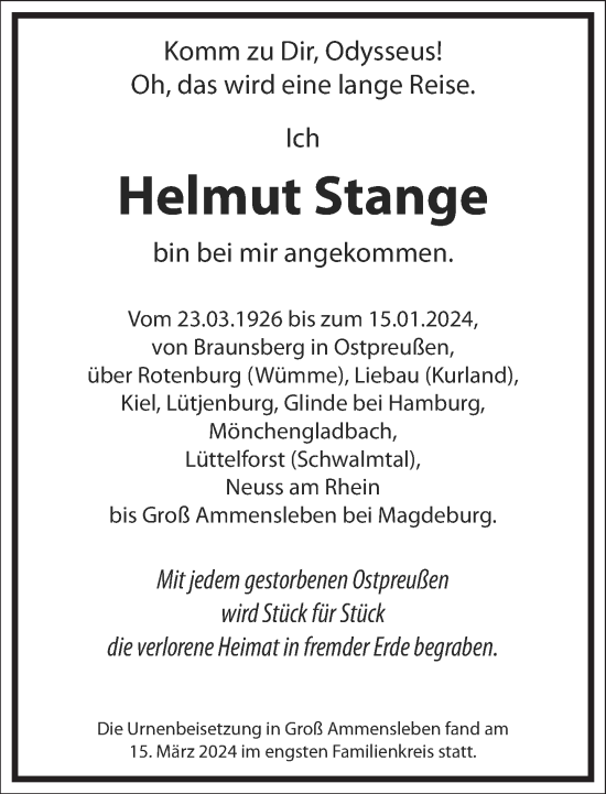 Traueranzeige von Helmut Stange von Frankfurter Allgemeine Zeitung