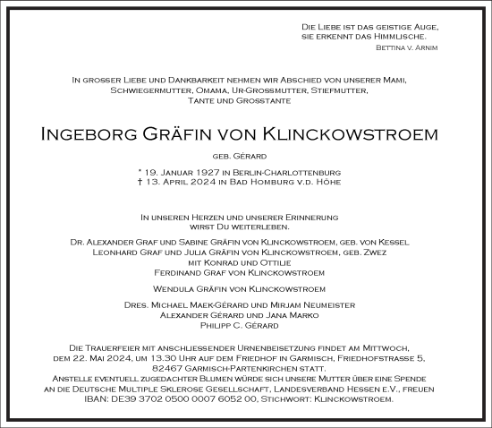 Traueranzeige von Ingeborg  Gräfin von Klinckowstroem von Frankfurter Allgemeine Zeitung