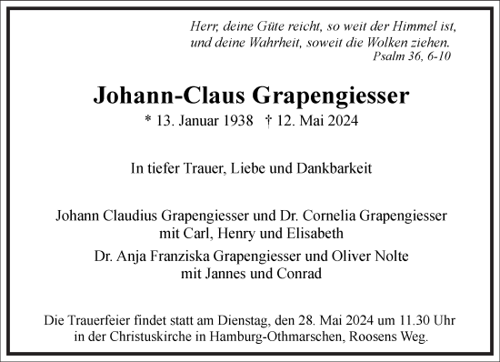 Traueranzeige von Johann-Claus Grapengiesser von Frankfurter Allgemeine Zeitung