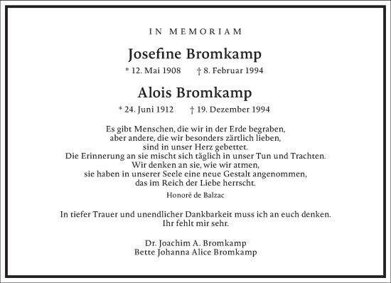 Traueranzeige von Josefine unde Alois Bromkamp von Frankfurter Allgemeine Zeitung