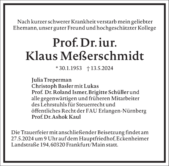 Traueranzeige von Klaus Meßerschmidt von Frankfurter Allgemeine Zeitung