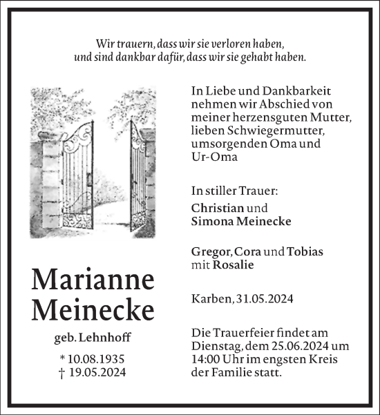 Traueranzeige von Marianne Meinecke von Frankfurter Allgemeine Zeitung