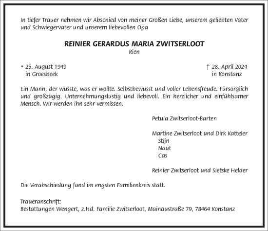 Traueranzeige von Reinier Gerardus Maria Zwitserloot von Frankfurter Allgemeine Zeitung