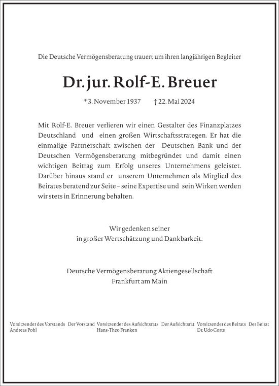 Traueranzeige von Rolf-Ernst Breuer von Frankfurter Allgemeine Zeitung