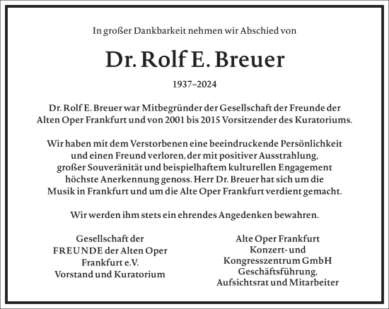 Traueranzeige von Rolf E. Breuer von Frankfurter Allgemeine Zeitung