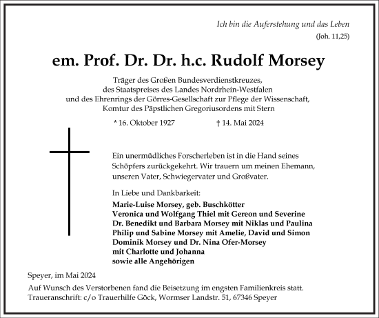 Traueranzeige von Rudolf Morsey von Frankfurter Allgemeine Zeitung
