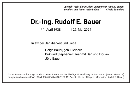 Traueranzeige von Rudolf E. Bauer von Frankfurter Allgemeine Zeitung