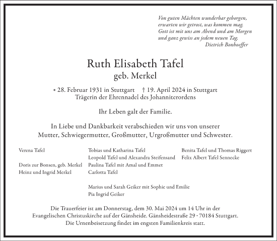 Traueranzeige von Ruth Elisabeth Tafel von Frankfurter Allgemeine Zeitung