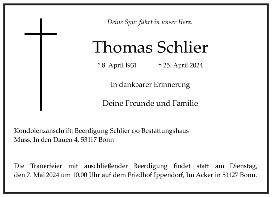 Traueranzeige von Thomas Schlier von Frankfurter Allgemeine Zeitung