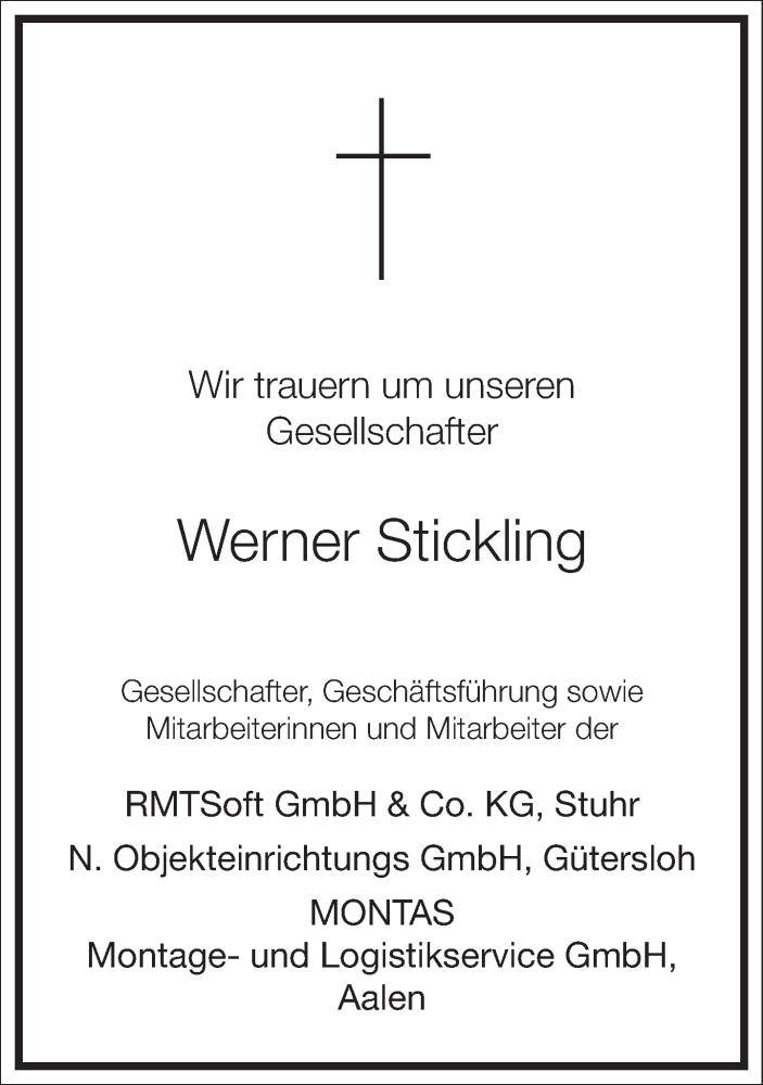  Traueranzeige für Werner Stickling vom 23.05.2024 aus Frankfurter Allgemeine Zeitung