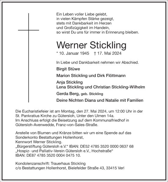 Traueranzeige von Werner Stickling von Frankfurter Allgemeine Zeitung