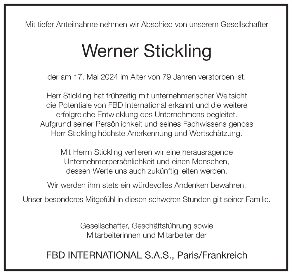  Traueranzeige für Werner Stickling vom 23.05.2024 aus Frankfurter Allgemeine Zeitung