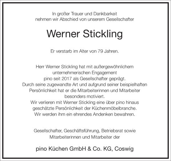 Traueranzeige von Werner Stickling von Frankfurter Allgemeine Zeitung