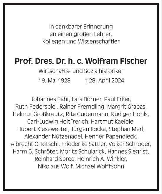 Traueranzeige von Wolfram Fischer von Frankfurter Allgemeine Zeitung