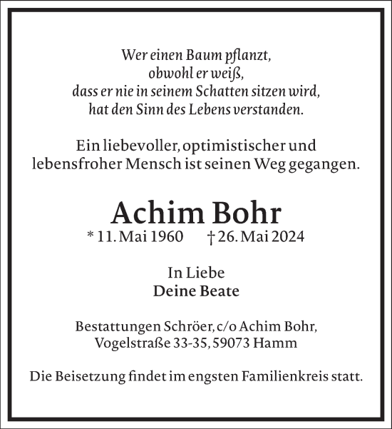 Traueranzeige von Achim Bohr von Frankfurter Allgemeine Zeitung