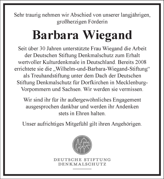 Traueranzeige von Barbara Wiegand von Frankfurter Allgemeine Zeitung