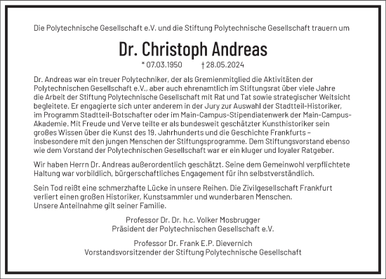 Traueranzeige von Christoph Andreas von Frankfurter Allgemeine Zeitung