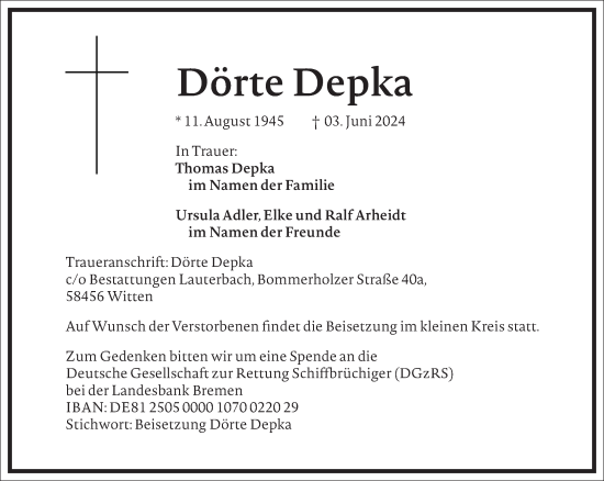 Traueranzeige von Dörte Depka von Frankfurter Allgemeine Zeitung
