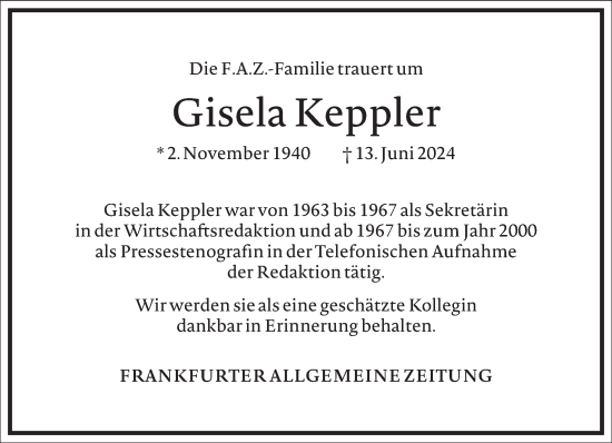 Traueranzeige von Gisela Keppler von Frankfurter Allgemeine Zeitung