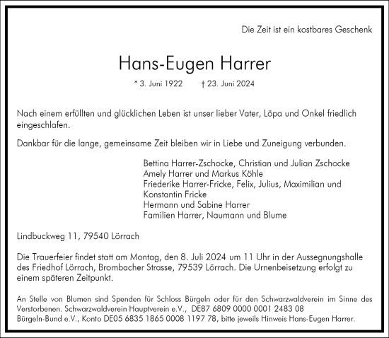 Traueranzeige von Hans-Eugen Harrer von Frankfurter Allgemeine Zeitung
