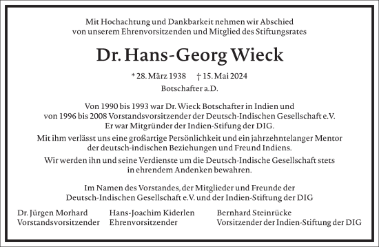 Traueranzeige von Hans-Georg Wieck von Frankfurter Allgemeine Zeitung