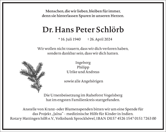 Traueranzeige von Hans Peter Schlörb von Frankfurter Allgemeine Zeitung