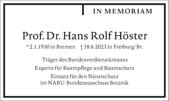 Traueranzeige von Hans Rolf Höster von Frankfurter Allgemeine Zeitung