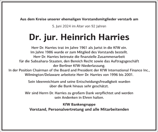 Traueranzeige von Heinrich Harries von Frankfurter Allgemeine Zeitung
