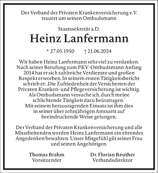 Traueranzeige von Heinz Lanfermann von Frankfurter Allgemeine Zeitung