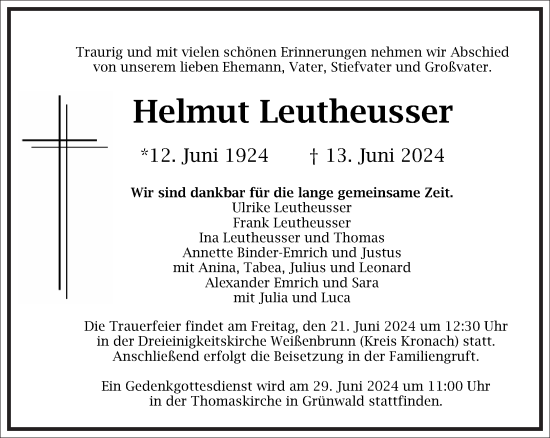 Traueranzeige von Helmut Leutheusser von Frankfurter Allgemeine Zeitung