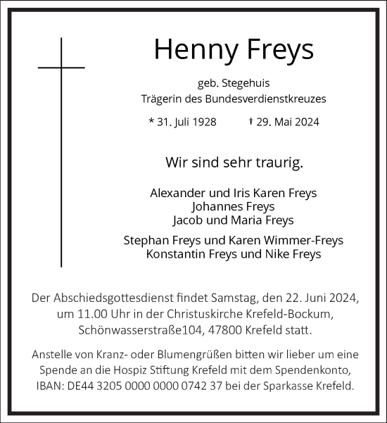 Traueranzeige von Henny Freys von Frankfurter Allgemeine Zeitung